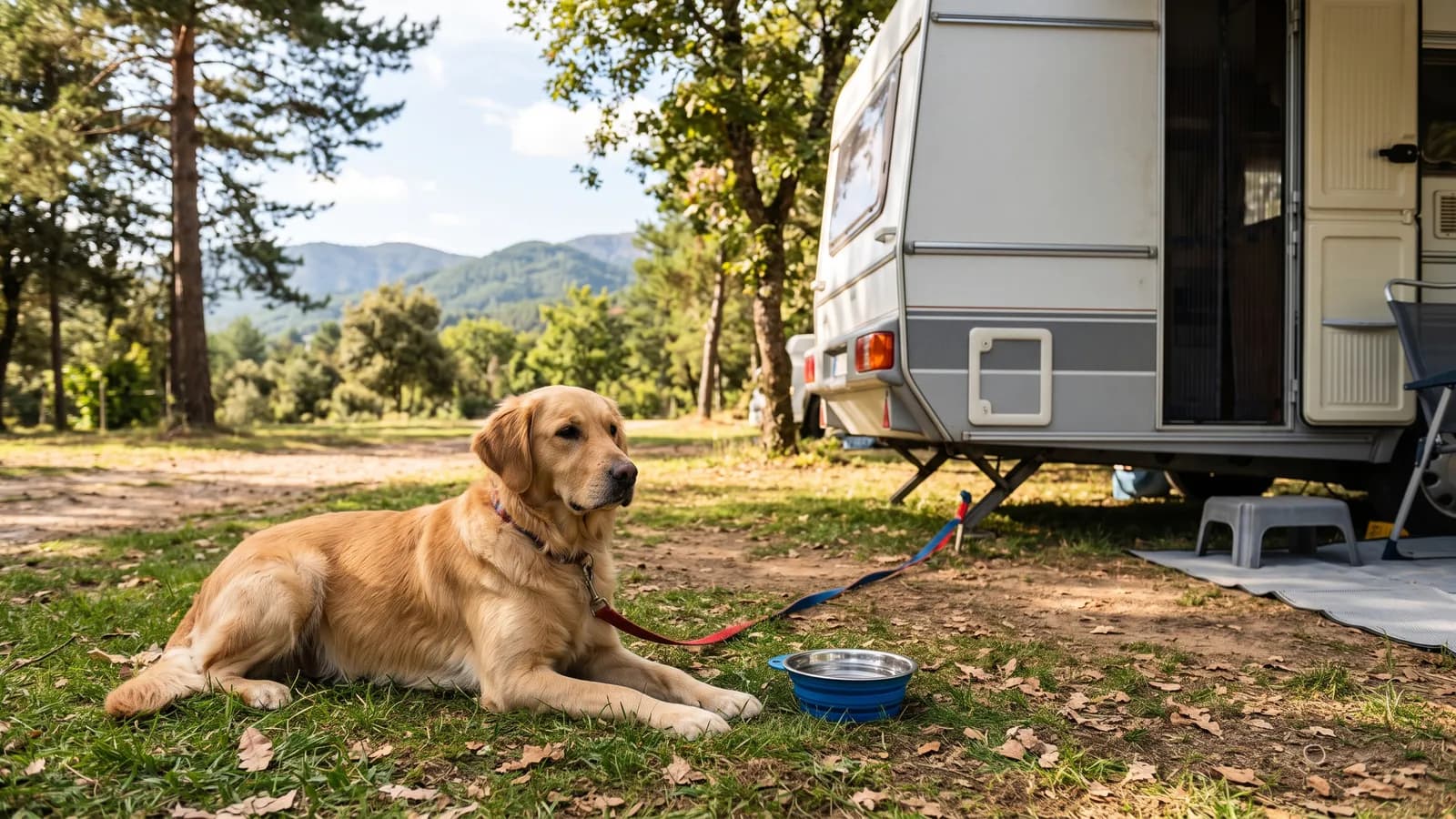 Perro tumbado con su correa y un cuenco de agua junto a una caravana en un camping