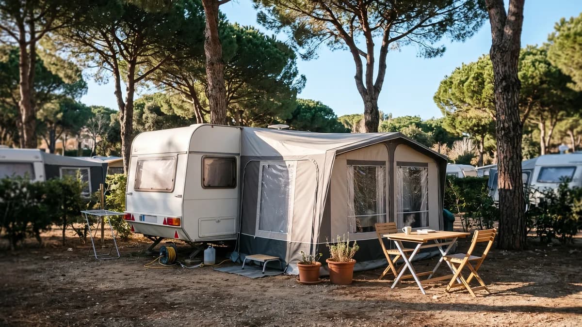 Caravana con avance bajo los pinos en una parcela de camping, con mesa y sillas de madera