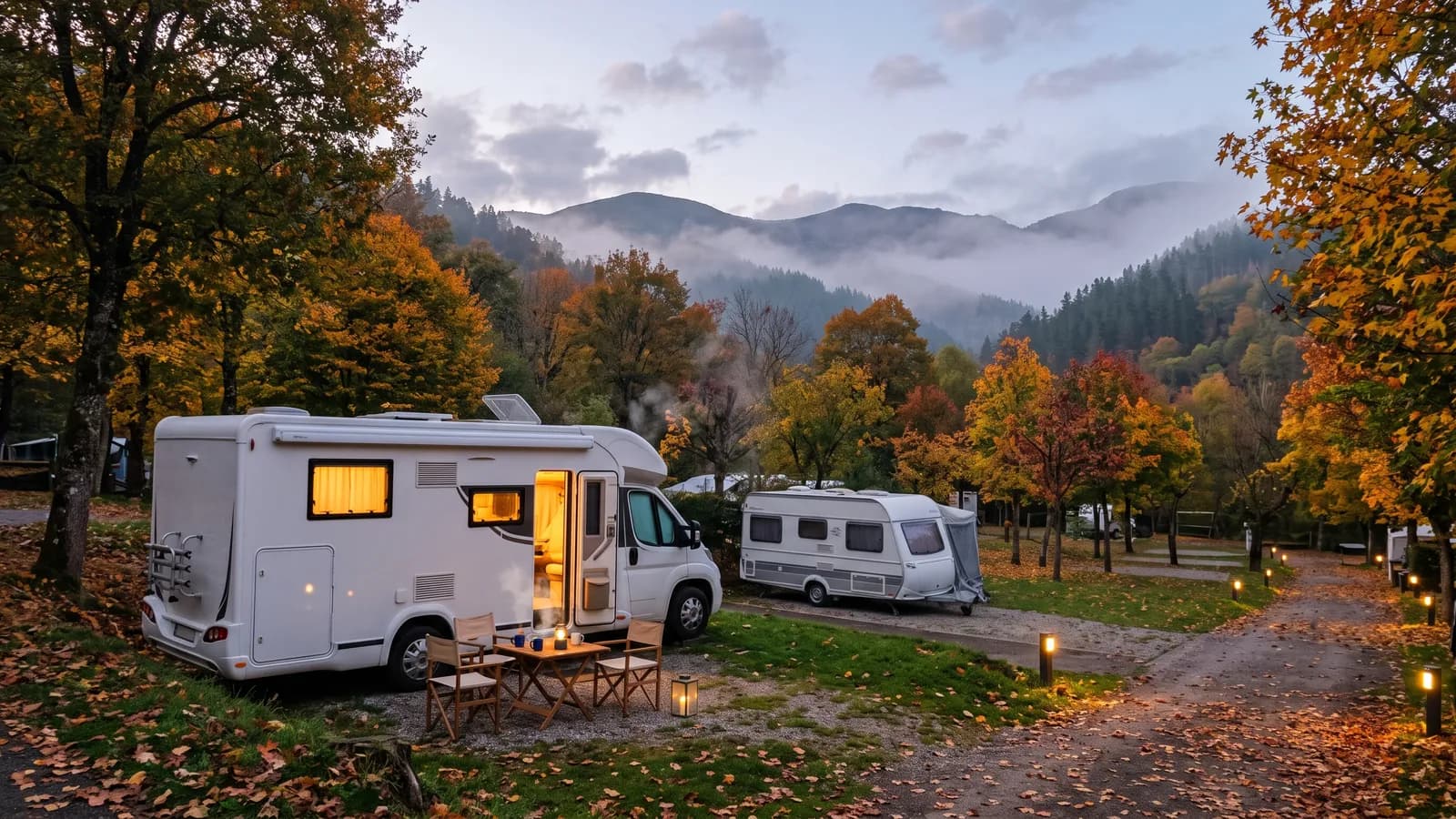 Autocaravana y caravana en un camping de montaña en otoño, al atardecer
