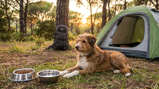 Perro tumbado junto a una tienda de campaña en un camping, con su comedero y su cuenco de agua