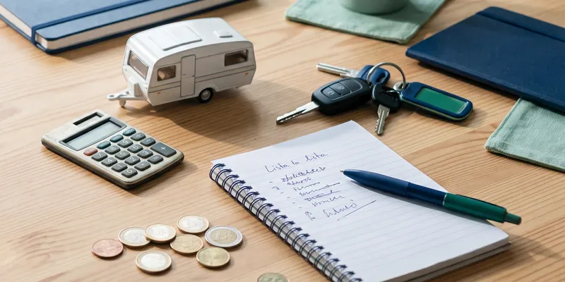 Calculadora, llaves y una caravana de juguete sobre una mesa